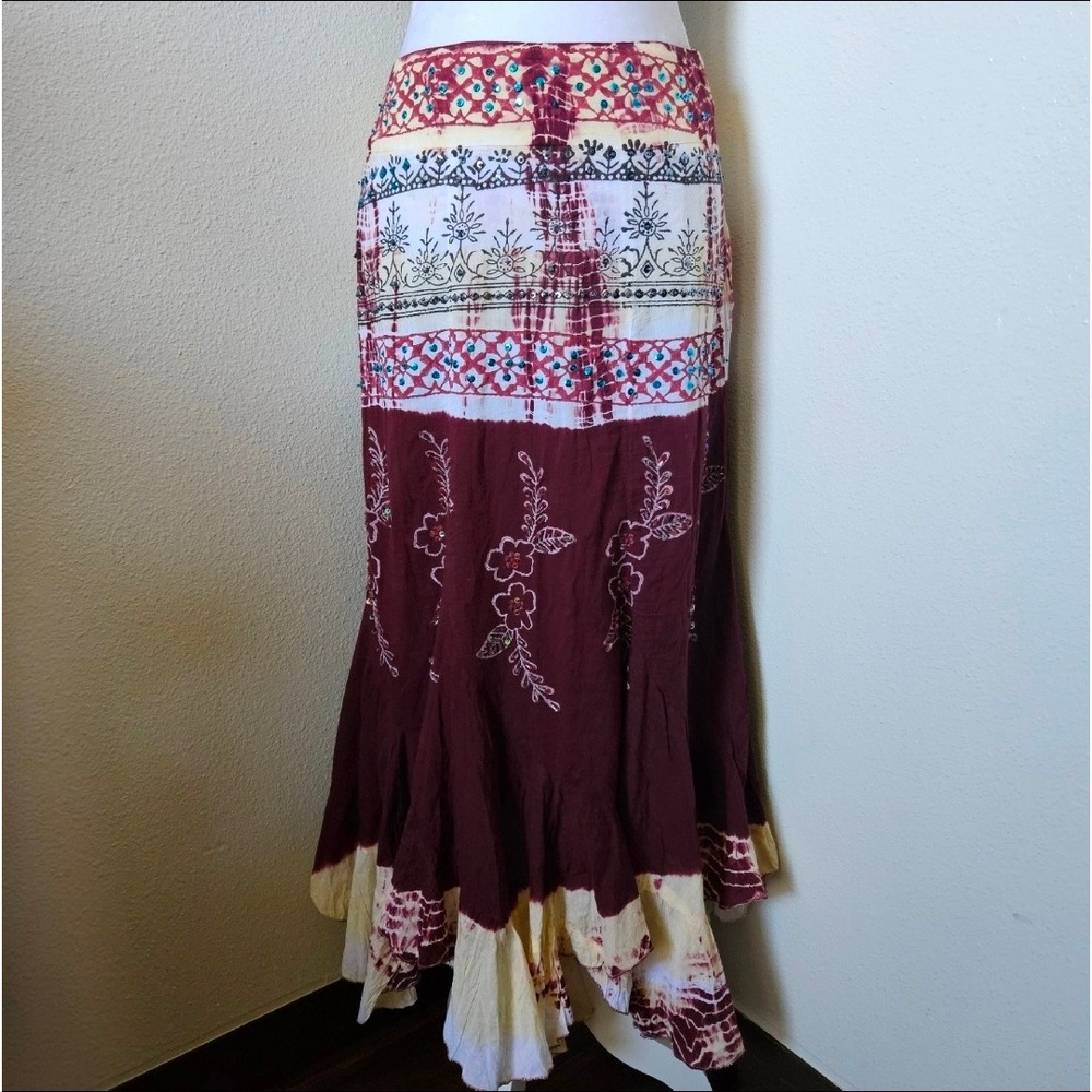 Angie Tie Dye Boho Maxi Skirt Embroidered Sequin Beaded